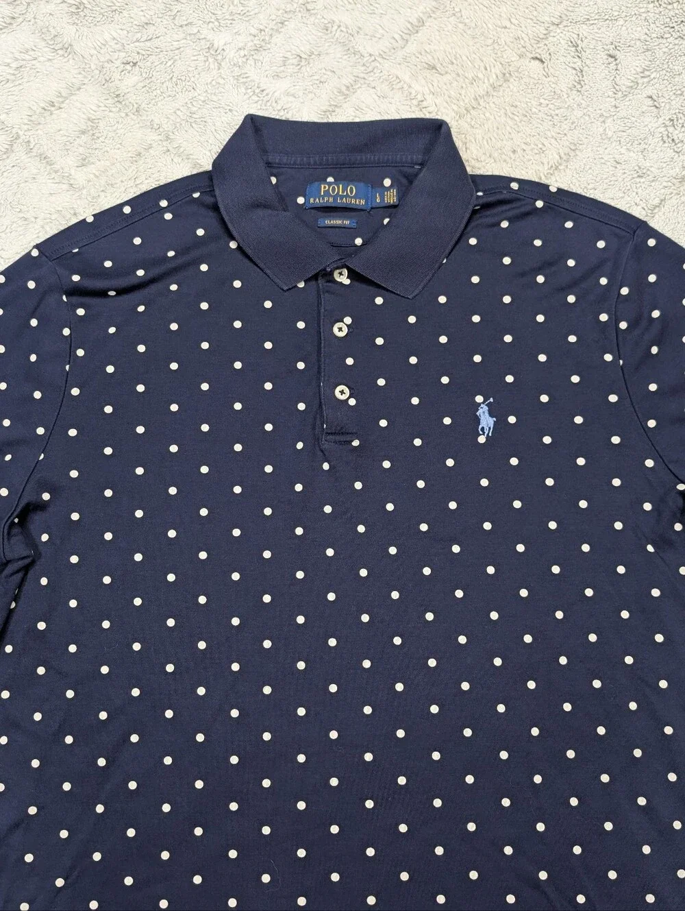 Polo Ralph Lauren Shirt Mens L Blue Navy Polka Dot Performance Classic